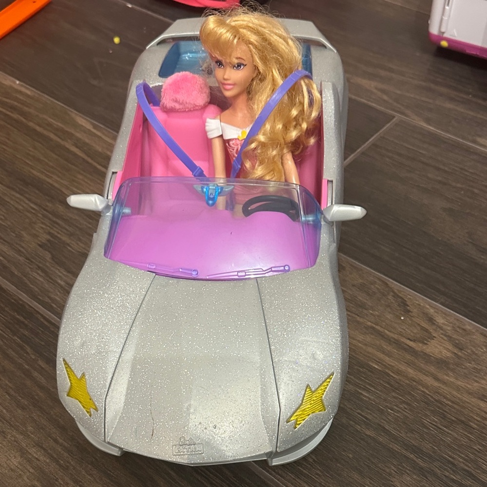 Mattel Silver Convertible Toy Car with Pink Interior and Blonde Doll